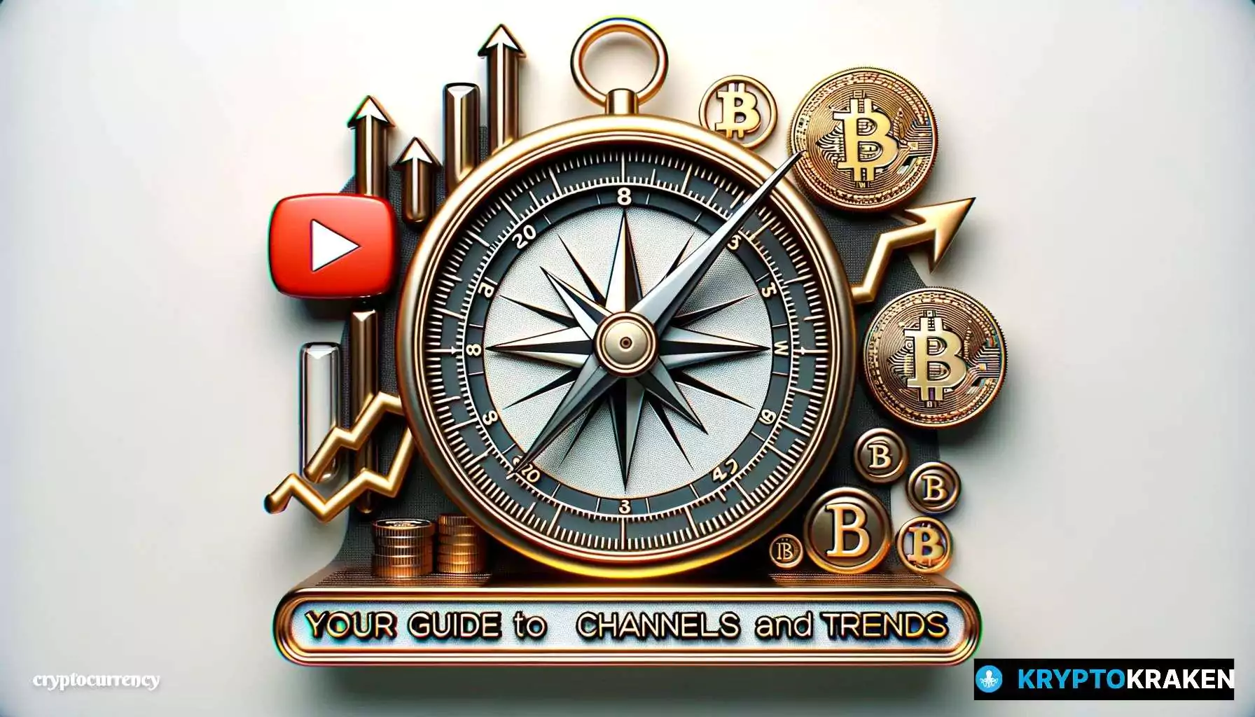 Compass needle pointing to crypto icons on a crypto YouTube thumbnail, with Bitcoin, play button, and trend line visuals and 'Your Guide to Channels and Trends' text