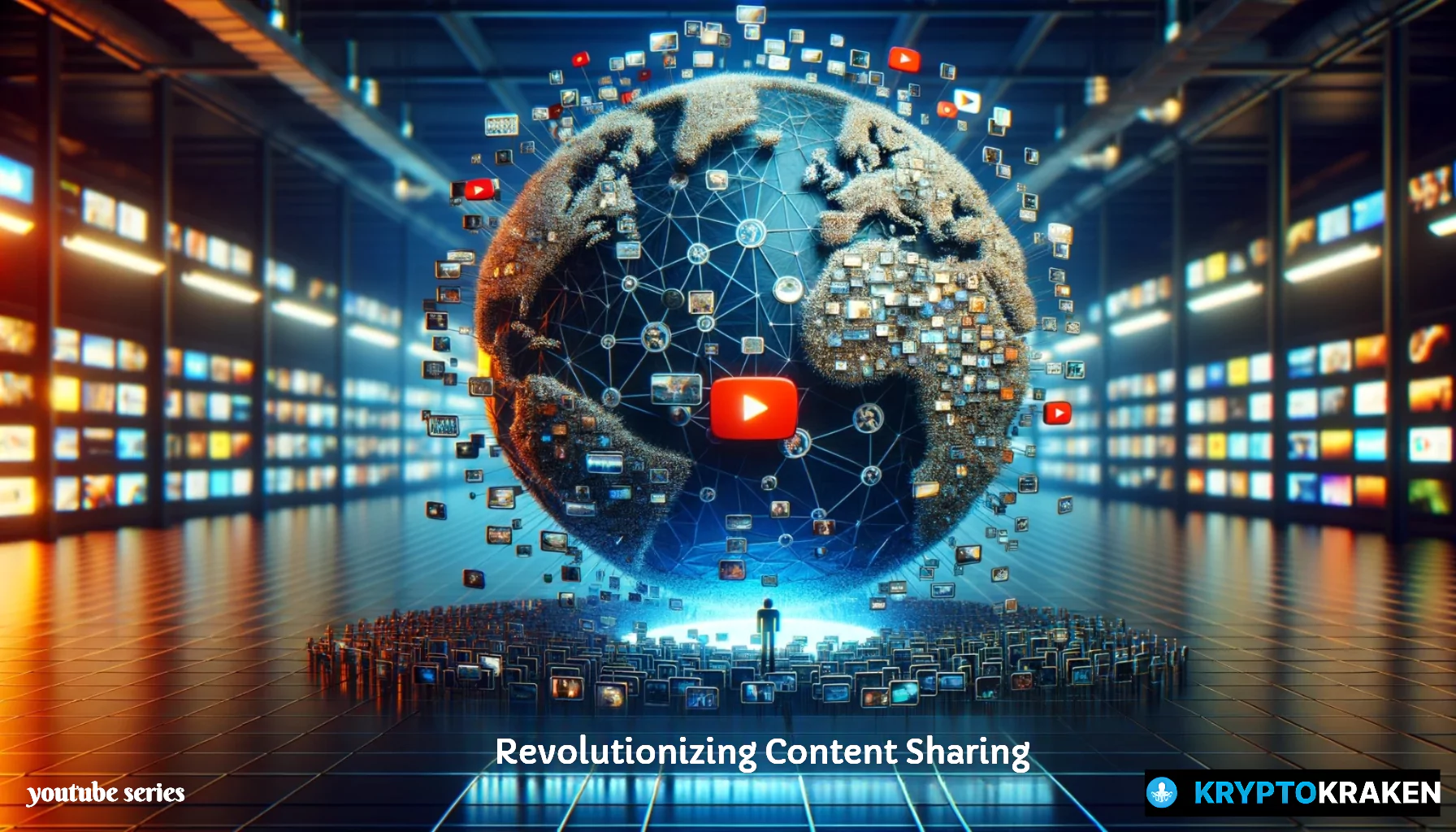 A digitally rendered image displaying a globe interlaced with social media and multimedia icons connected by a network, signifying youtube blockchain for global content sharing, set against a backdrop of multiple video screens in a control room