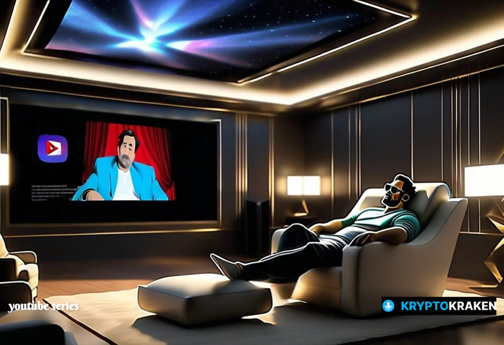 An illustration of a person lounging in a state-of-the-art home theater with a YouTube video of an animated character playing on a large screen, reflecting the lifestyle of a modern crypto YouTuber