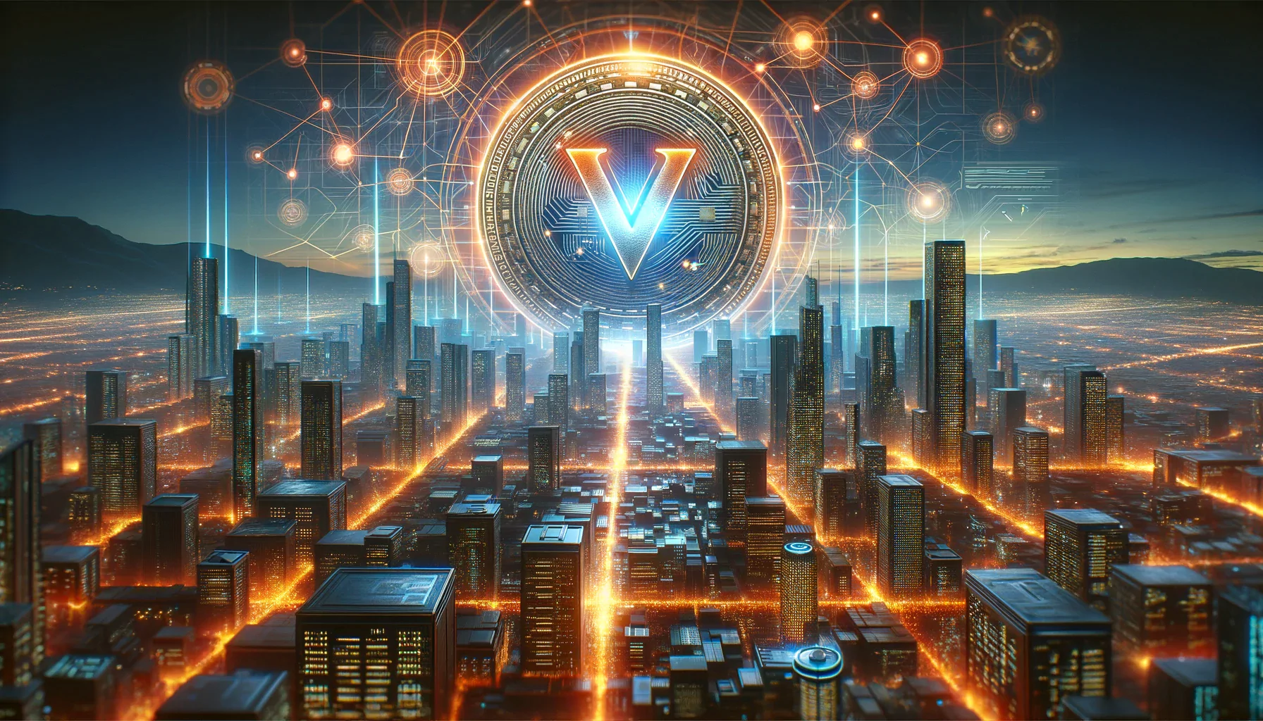 An illustrated futuristic cityscape glowing with lines of orange light, symbolizing network connections, dominated by a large coin-like symbol with the letter 'V' at its center, representing the VXV concept in a digital or cryptocurrency context.