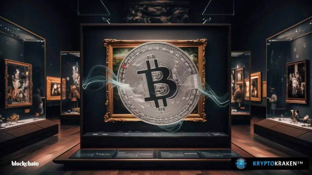 Digital representation of art tokenization with a classical painting and a Bitcoin symbol in a modern museum setting.