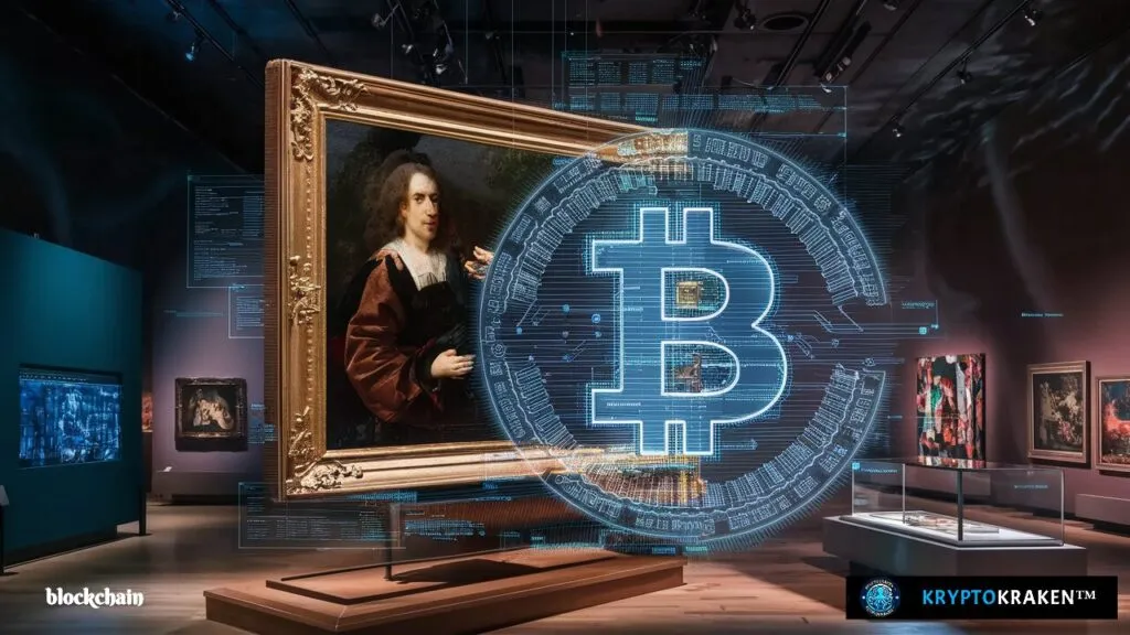 Modern museum display featuring a painting with a Bitcoin symbol, illustrating art and collectibles tokenization.