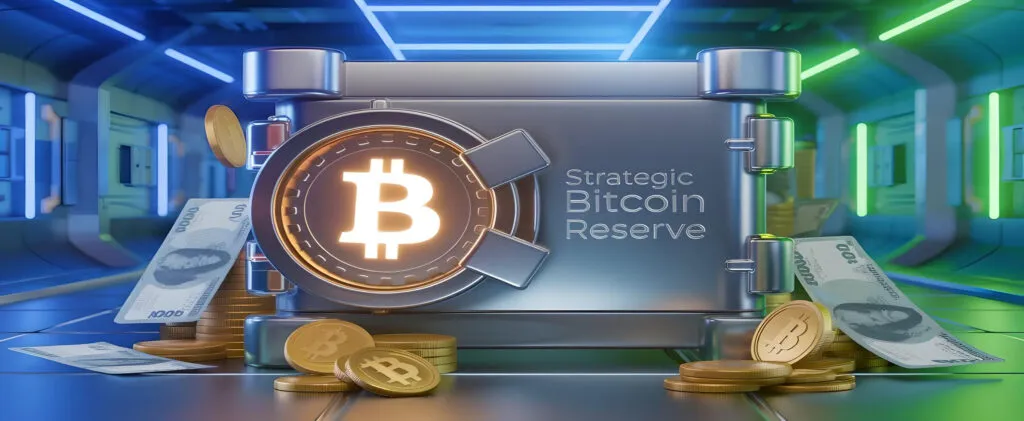 3D render of a futuristic vault labeled 'Strategic Bitcoin Reserve,' representing the concept of Trump’s proposal to use Bitcoin for national debt.